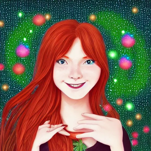 Image similar to portrait of a red haired girl softly smiling among fireflies, with long hair, green eyes, round face, hint of freckles, colorful pixel art