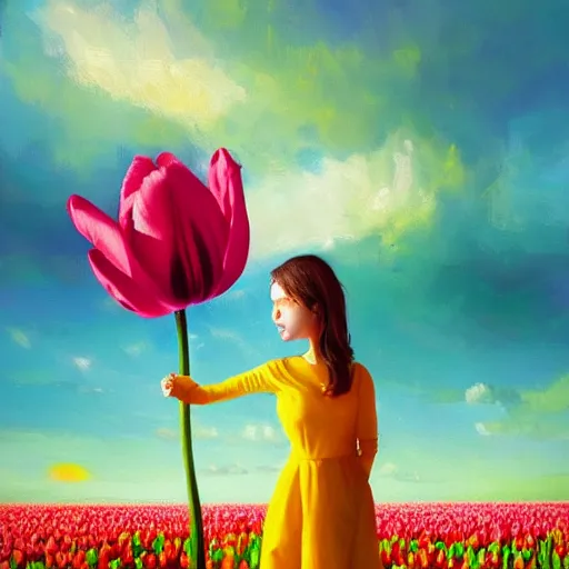 Image similar to tulip head, girl floating in a flower field, surreal photography, sunrise dramatic light, impressionist painting, colorful clouds, digital painting, artstation, simon stalenhag