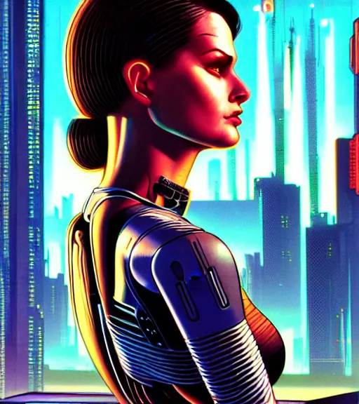 Prompt: cable plugged in, side of head, very very beautiful woman, cyberdeck computer terminal, street level night city, 1 9 7 9 omni magazine cover, style by vincent di fate, artgerm, cyberpunk 2 0 7 7, very coherent, detailed, 4 k resolution, unreal engine, daz