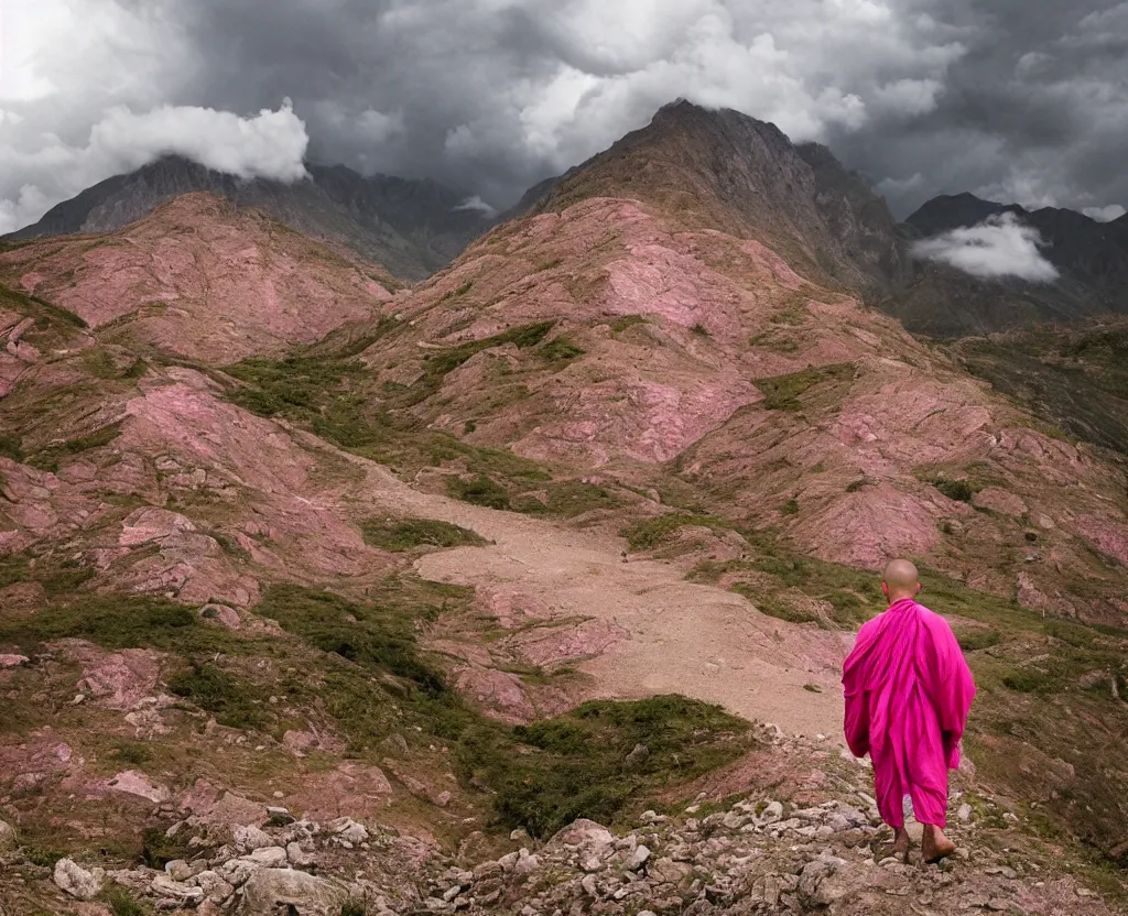 Image similar to a pink monk wandering trough the mountains looking at the clouds very detailed focused photography cinematic lighting by martin parr