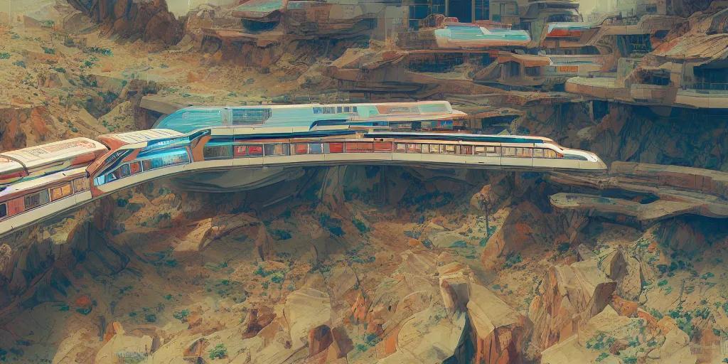 Prompt: concept art monorail shonan in martian landscape, brutalism, colorful, syd mead, norman rockwell, junichi higashi, isamu imakake, 4 k resolution, octane render, intricate, ultra detailed, bird view, volumetric lighting, cinematic lighting + masterpiece,