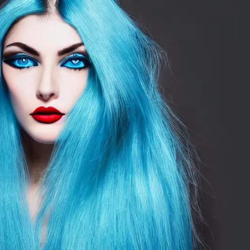 Prompt: raven haired seductive woman with stunning ocean blue eyes, black eyeshadow, long black eyelashes with a beautiful face, sharp thin nose, fair skin, soft skin, bare shoulders, luscious red lips