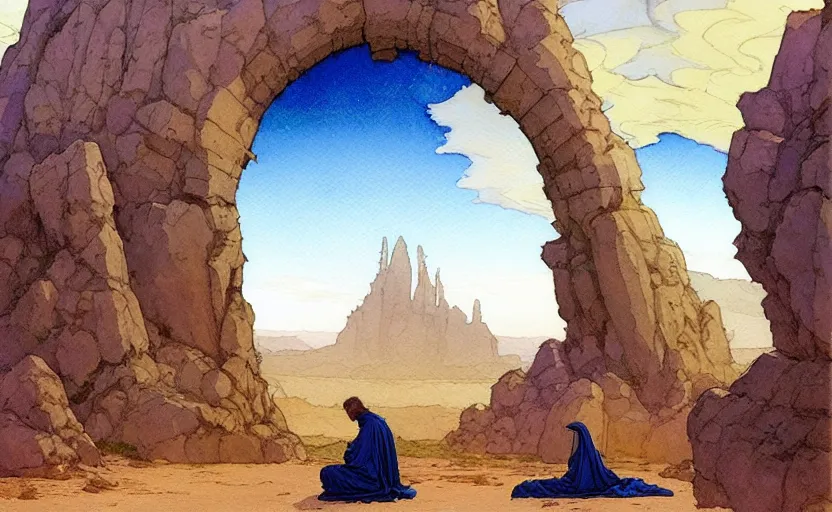 Image similar to a hyperrealist watercolour concept art of a large rock arch dimensional portal in the sky. a medieval monk in grey robes is kneeling in prayer below it on a desert road. by rebecca guay, michael kaluta, charles vess and jean moebius giraud. high detail, hq, wide shot