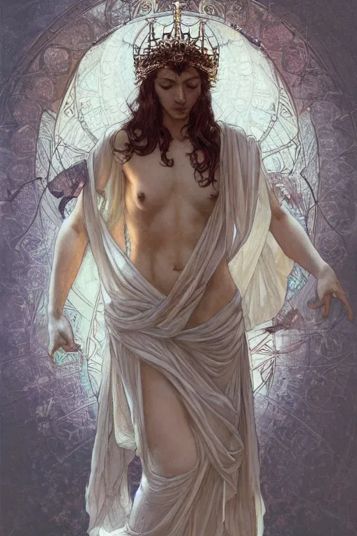 Image similar to a full body portrait of a beautiful ethereal delicate ancient greek mage queen meditative sacral pose catholic stages of the cross, intricate, elegant, highly detailed, digital painting, artstation, concept art, smooth, sharp focus, illustration, art by krenz cushart and artem demura and alphonse mucha