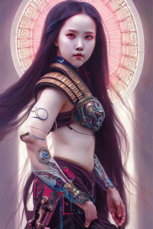 Image similar to full body painting of olivia hye loona cyberpunk samurai smiling, ultra realistic, concept art, intricate details, eerie, highly detailed, photorealistic, octane render, 8 k, unreal engine. art by artgerm and greg rutkowski and magali villeneuve and alphonse mucha