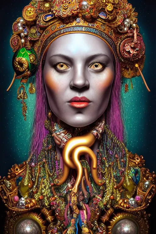 Image similar to maximalist detailed wise old genie portrait by adoryanti, machine. delusions, holosomnia, electrixbunny, rendered in discodiffusion. decorated with pearls and gems, behance hd. by andrei riabovitchev, tomasz alen kopera, oleksandra shchaslyva igor goryunov artgerm. ray tracing hdr polished sharp