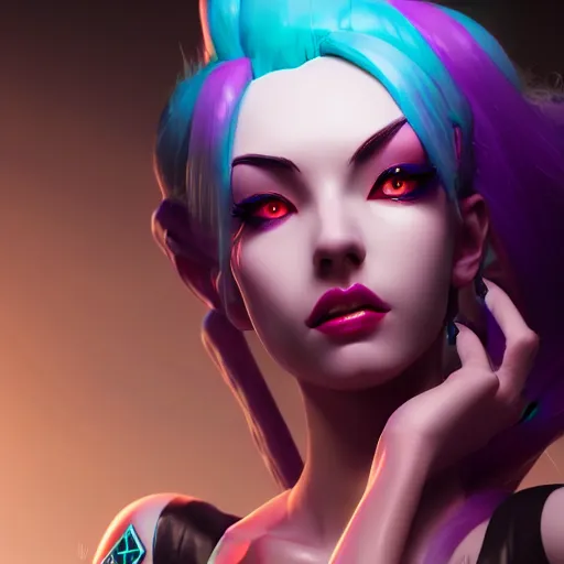 Image similar to Portrait of jinx from league of legends, anger, mystery, fear, highly detailed, beautiful, ominous vibe, smoke, octane render, cgsociety, artstation, trending on ArtStation, by Marie Magny