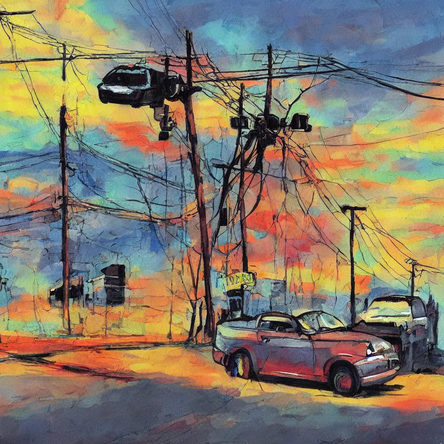 Image similar to a painting of a frightened car being menaced by telephone poles, saturated color scheme