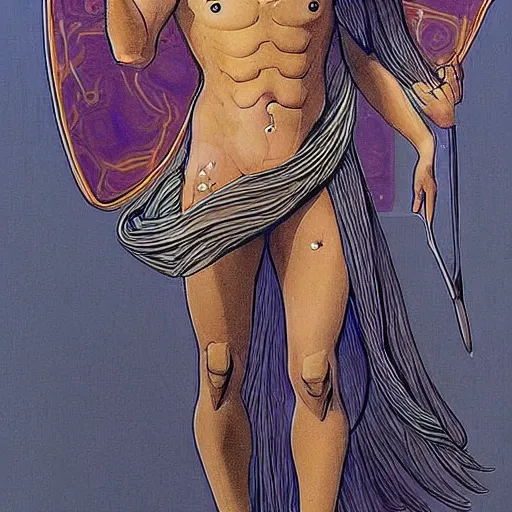 Image similar to a modern genderless reincarnation of the old selenium greek god of hunt known as artemixel the selene, myth portrayed by moebius himself with love, detail and care