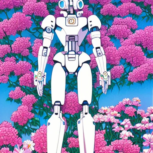 Image similar to a beautiful painting of a sleek humanoid mecha in a field of flowers by hiroshi nagai and hirohiko araki, detailed line art