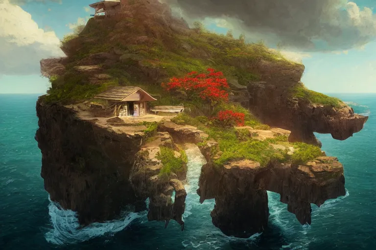 Image similar to lovely a - frame home sits atop a broad cliff | overlooking the entirety of the blue sky | digital painting by greg rutkowski and gaston bussiere | zbrush | cgsociety contest winner | comprehensive art | intricate | landscape photography | brightly radiant atmosphere | overcast sky | homogeneous to hawaii | 4 k | 8 k