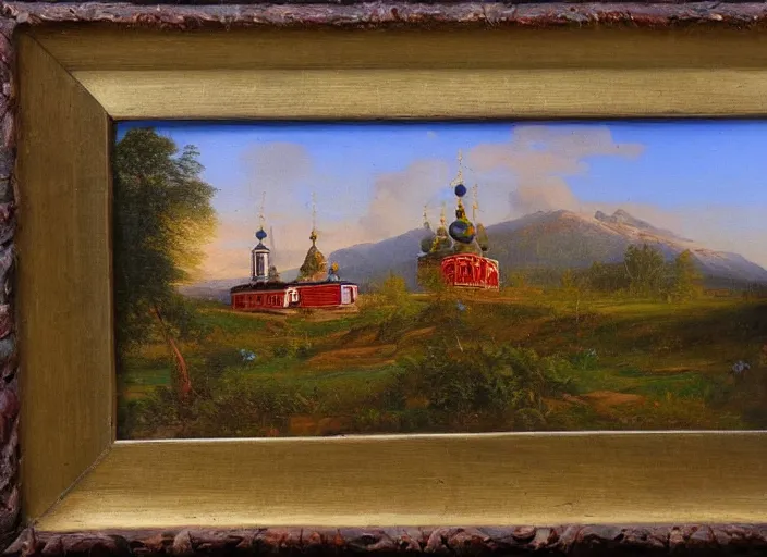 Prompt: the small wooden villages of siberia with an orthodox church, russia in the style of hudson river school of art, oil on canvas