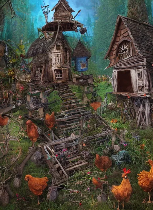 Prompt: highly detailed matte painting of the hybrid anthropomorphic baba yaga witch's shack sitting on top of very giant tall chicken legs with chicken feet, from the russian fairy tale, 8 k resolution, by android jones