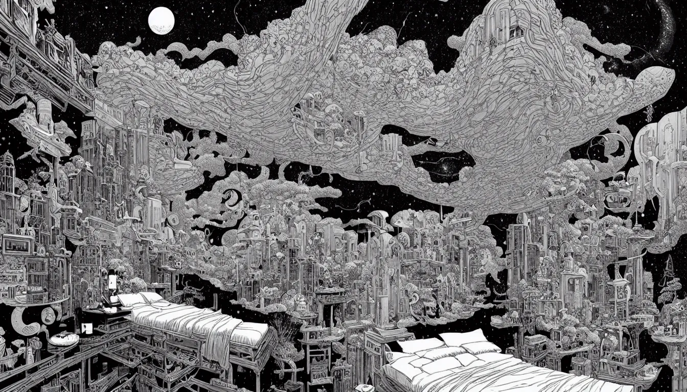 Image similar to epic bedroom by nicolas delort, moebius, victo ngai, josan gonzalez, kilian eng