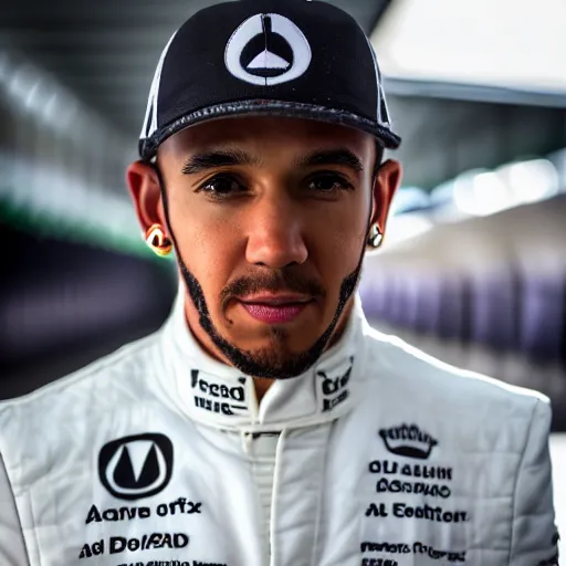 Image similar to closeup portrait of Lewis Hamilton at the formula 1 starting grid, by Steve McCurry and David Lazar, natural light, detailed face, CANON Eos C300, ƒ1.8, 35mm, 8K, medium-format print