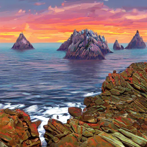 Image similar to super detailed color lowpoly art, northern sunset with rocks on front, monochrome photorealistic bay in the middle of perspective and mountains at background, big graphic seiner ship, unreal engine, high contrast color palette, 3 d render, lowpoly, colorful, digital art, perspective, full volume composition, robb cobb, syd mead