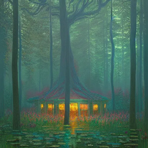 Image similar to A magical forest by Dan Mumford, Simon Stålenhag and Claude Monet