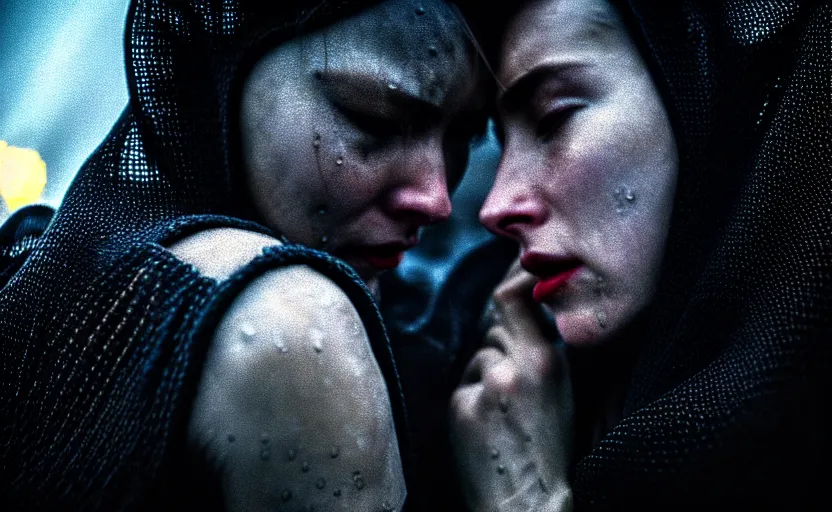 Image similar to cinestill 5 0 d candid photographic portrait by christopher nolan of two loving female androids sobbing wearing rugged black mesh techwear in treacherous waters, extreme closeup, modern cyberpunk moody emotional cinematic, pouring rain menacing lights shadows, 8 k, hd, high resolution, 3 5 mm, f / 3 2, ultra realistic faces, ex machina