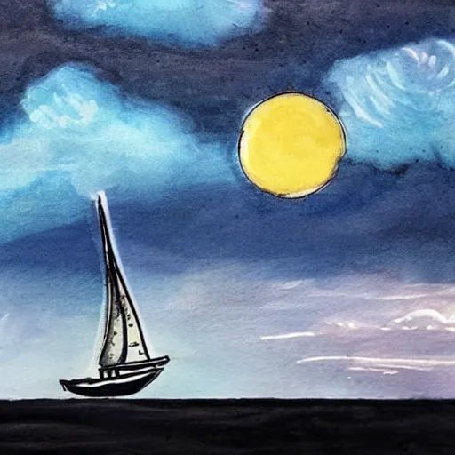 Image similar to a sailboat flying in the sky by night, mixed media, whimsical, dark vibe