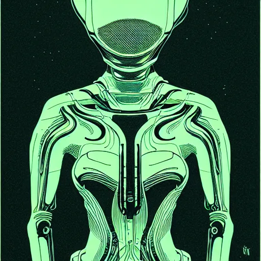 Prompt: portrait top light, by killian eng and joe fenton and martin deschambault and conrad roset, inspired by alien movie 1 9 7 9, green duotone print, etching, fine, sharp high detail,