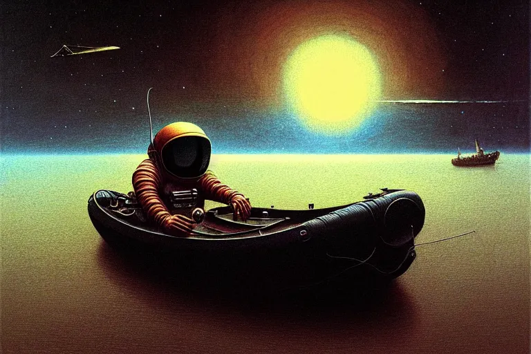 Image similar to astronaut in rubber boat, in the style of beksinski, intricate and epic composition, white by caravaggio, insanely quality, highly detailed, masterpiece, white light, artstation, 4 k