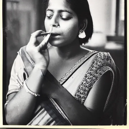 Prompt: portrait of a sri lankan woman smoking cigarette, vintage photo in 8 0's style