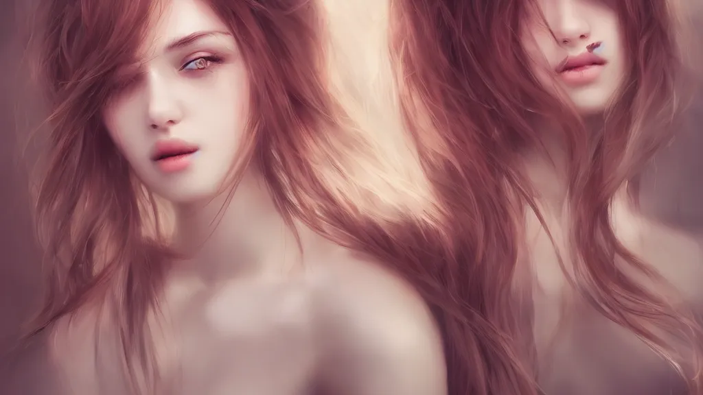 Prompt: A portrait of a beautifully sensual girl with hair of volumetric displacement by WLOP