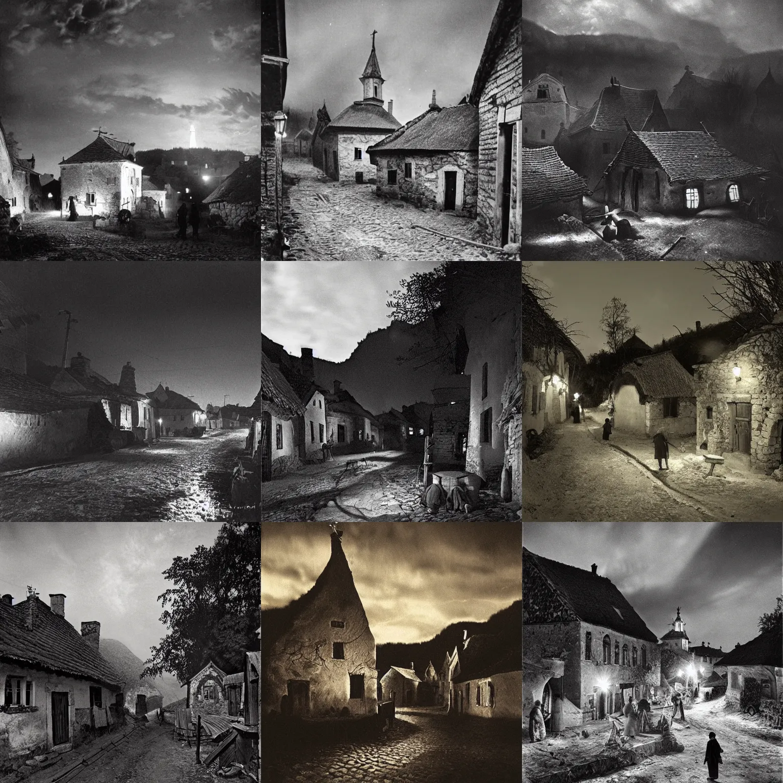 Prompt: a 1 9 th century, small hungarian village at midnight, atmospheric, hyperrealistic, detailed, hd, award winning photo by ian david soar and robert capa