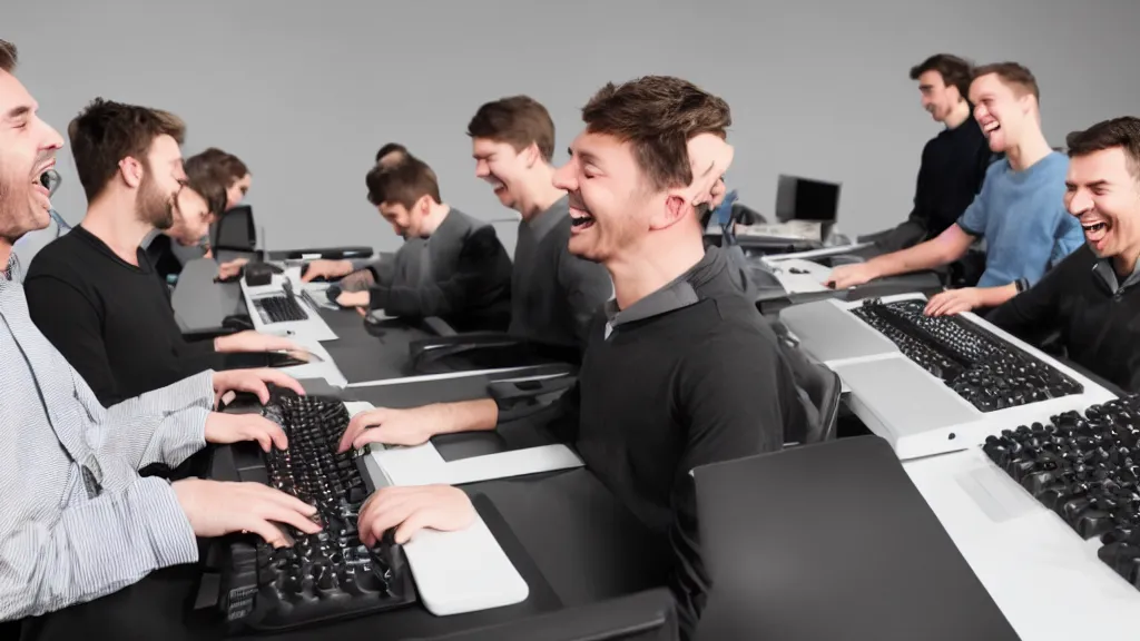 Prompt: several guys typing prompts on keyboards and laughing really hard, wide open mouth, studio lighting, photorealistic