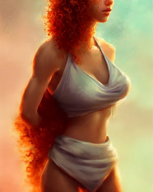 Image similar to cute female chef, perfect face, white halter top, ginger hair, abs, cinematic, stunning, elegant, highly detailed, psychedelic, digital painting, artstation, smooth, hard focus, illustration, art by jessica rossier and and brian froud