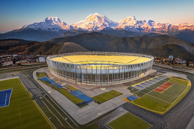 Image similar to architecture photo modern fachwerk football stadium with Elbrus mountain on the background, architecture, photorealism 8k , shining and happy atmosphere, uplight, high details