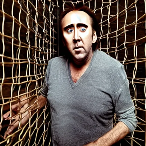 Image similar to nicolas cage trapped in a wicker cage being covered in peas