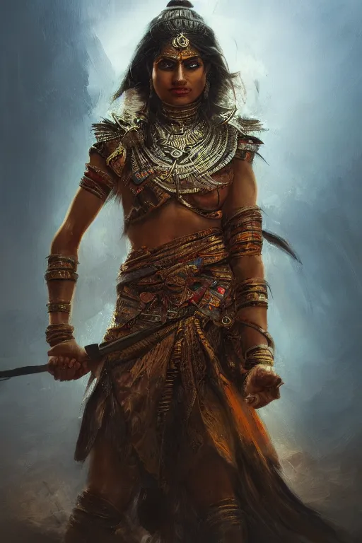 Image similar to hindu warrior, close - up portrait, fierce, intricate, elegant, volumetric lighting, scenery, digital painting, highly detailed, artstation, sharp focus, illustration, concept art, ruan jia, steve mccurry