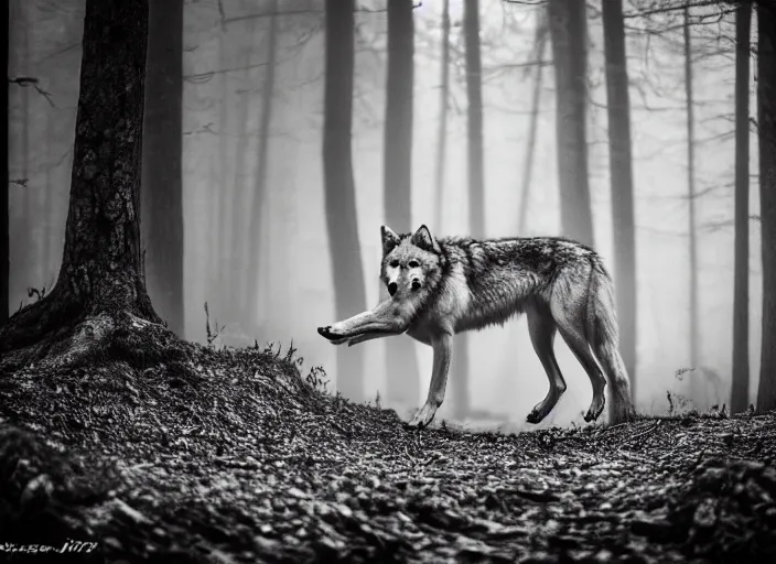 Prompt: wolf in the wood by Jakub Rozalski, lomography photo, blur, monochrome, 35 mm