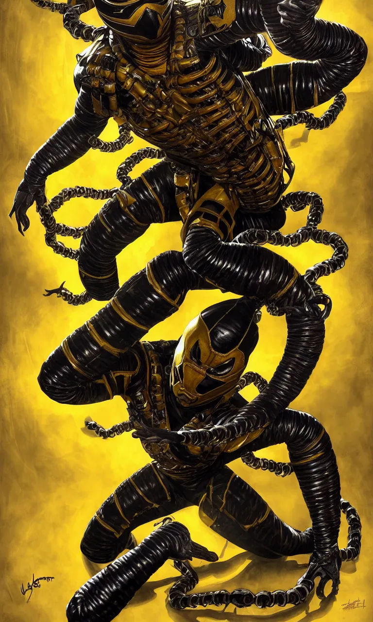 Image similar to hyper realistic full body portrait of scorpion from mortal kombat, yellow ninja exosuit, dynamic chain movement around him, by lee bermejo, alphonse mucha and greg rutkowski