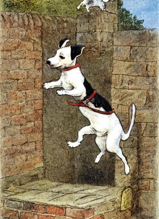 Image similar to jack russel terrier jumping off of brick structure, illustrated by peggy fortnum and beatrix potter and sir john tenniel