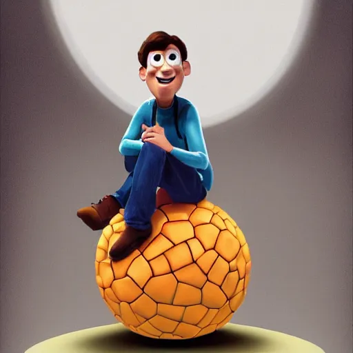 Prompt: a man sitting on a ball, disney pixar art