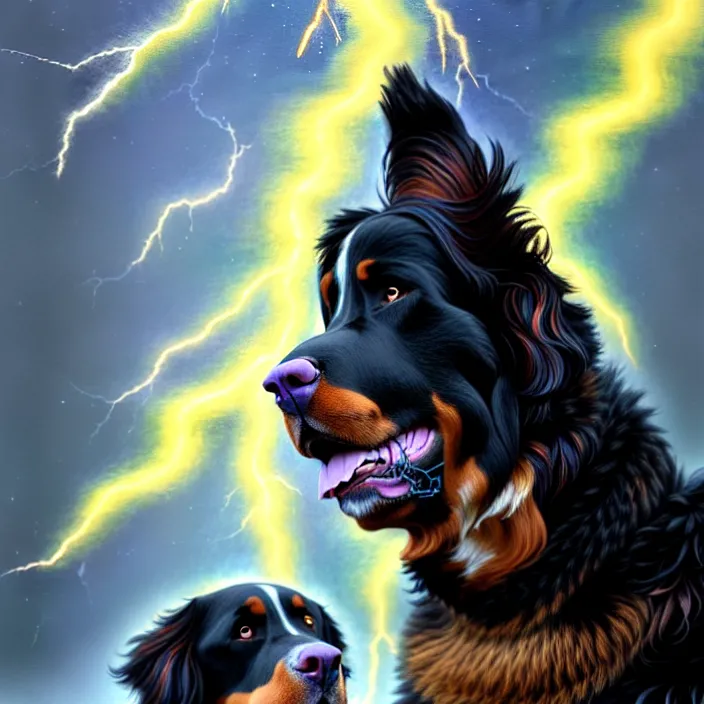 Image similar to a male human - bernese mountain dog hybrid as zeus, shooting lightning bolts from his paws, by greg rutkowski and alex grey, intricate details, artstation, furry, psychedelic, hd, beautiful