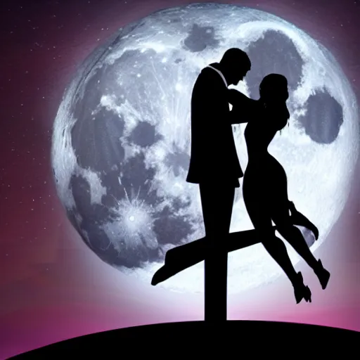 Prompt: the background is a huge moon. in the night environment, a man jumps into the air with a woman in his arms. in the middle of the moon are very little two figures in black silhouettes.