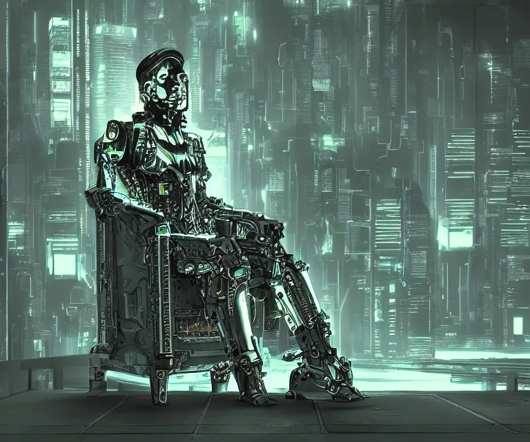 Image similar to translucent cyborg sitting on a metal throne in a futuristic castle, cyberpunk, highly detailed, sharp lines, neon lights