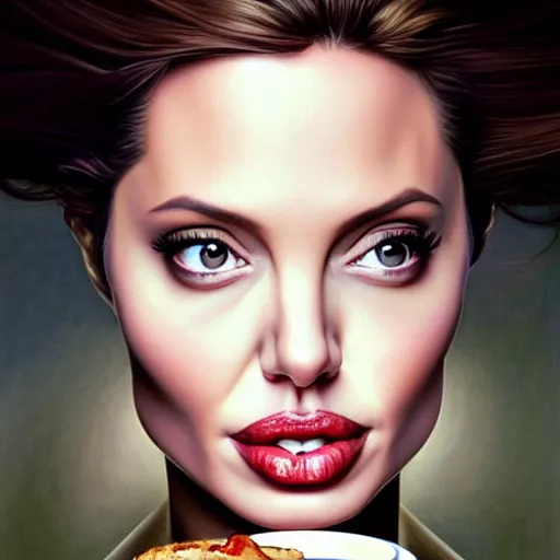 Prompt: portrait of Angelina Jolie eating big mac, hamburger with extra onions and ketchup, luscious patty with sesame seeds, ethereal, handsome, D&D, fantasy, intricate, elegant, highly detailed, digital painting, artstation, concept art, matte, sharp focus, illustration, art by Artgerm and Greg Rutkowski and Alphonse Mucha