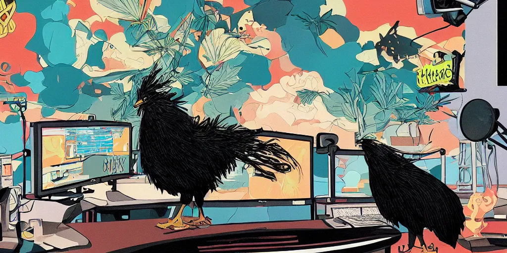 Image similar to 'black chicken!!!' smoking 'cannabis!!!!!!' in front of 'multi monitors'!!!!!! broadcasting studio, artwork by James Gilleard