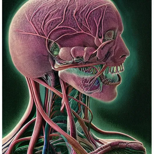 Image similar to nightmare etherreal iridescent vascular nerve bundles pearlescent spinal chord horror by Naoto Hattori, Zdzislaw, Norman Rockwell, Studio Ghibli, Anatomical cutaway