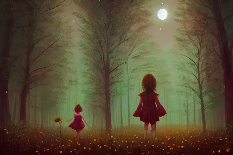 Image similar to giant daisy flower head, girl walking in a moonlit forest, hills, surreal photography, dark night, star trails, dramatic light, impressionist painting, clouds, digital painting, artstation, simon stalenhag