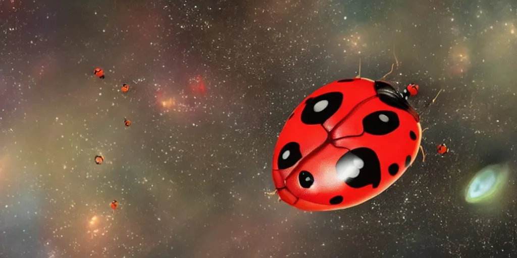 Image similar to a 3 d rendered movie still a ladybug descendant 1 million into the future. the ladybug is sentient, wears a spacesuit, and explores cosmos in a super awesome space ship. science fiction blockbuster movie ladybugs rule the world or my stepmom is a ladybug from the future, imax 7 0 mm. gaurdians of the galaxy.