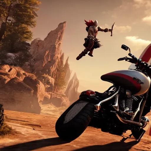 Image similar to kratos, with leviathan axe, jumping a black harley - davidson motorcycle off a cliff, cinematic render, playstation studios official media, god of war 2 0 1 8