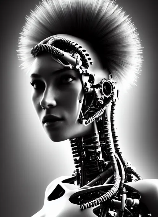 Image similar to a stunning young female cyborg profile face, face is made intricate tribal bio - mechanical, bw, unreal engine, glamor shot, nikon d 7 5 0, closeup, f / 2. 8, low contrast, 1 6 k, rim lighting, optical fiber, cinematic lighting, insanely detailed and intricate, hypermaximalist, elegant, ornate, hyper realistic,