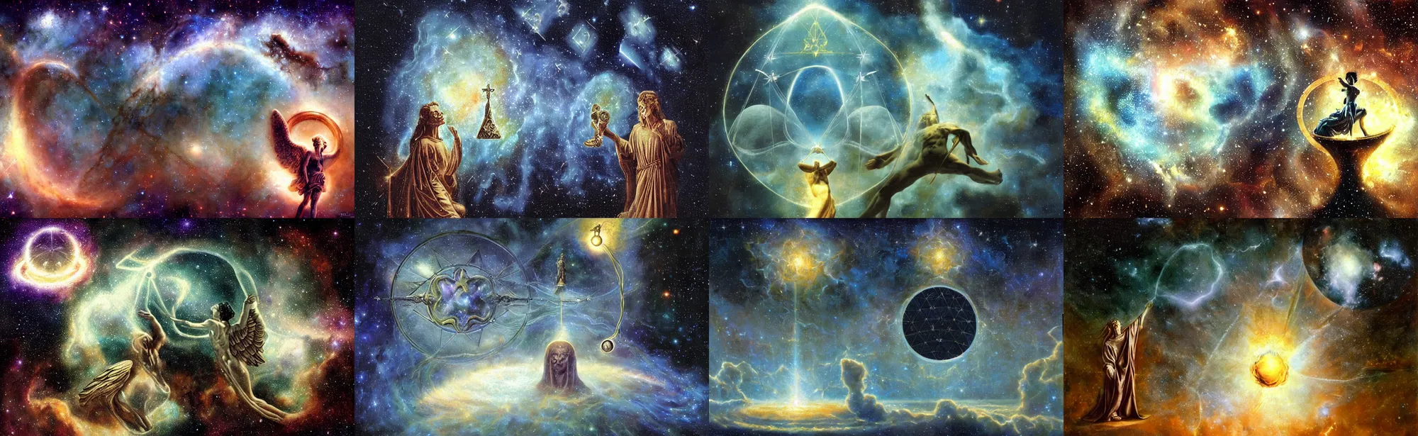 Prompt: podcast microphone silluette, angels, hermes trismegistus, sacred geometry, stars, galaxy, milkyway, hubble photo, realistic photo, big nebula as clover, hyper realistic, detailed, art by james gurney and greg rutkowski, surrealism by salvador dali