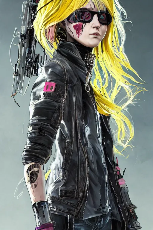 Prompt: highly detailed portrait of a punk rockstar post-cyberpunk young lady from Umbrella Academy with wavy blonde hair, realistic face, proportionate face structure, by Dustin Nguyen, Akihiko Yoshida, Greg Tocchini, Greg Rutkowski, Cliff Chiang, 4k resolution, Nier Automata inspired, science inspired, punk inspired, vibrant but dreary but upflifting lightning yellow and hot pink, black and white color scheme!!! ((Graffiti tag laboratory background))