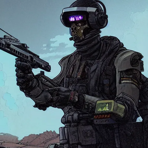 Image similar to a cyberpunk soldier with tactical gear and a rifle on mars, Industrial Scifi, detailed illustration, character portrait, by Martin Grip and Moebius